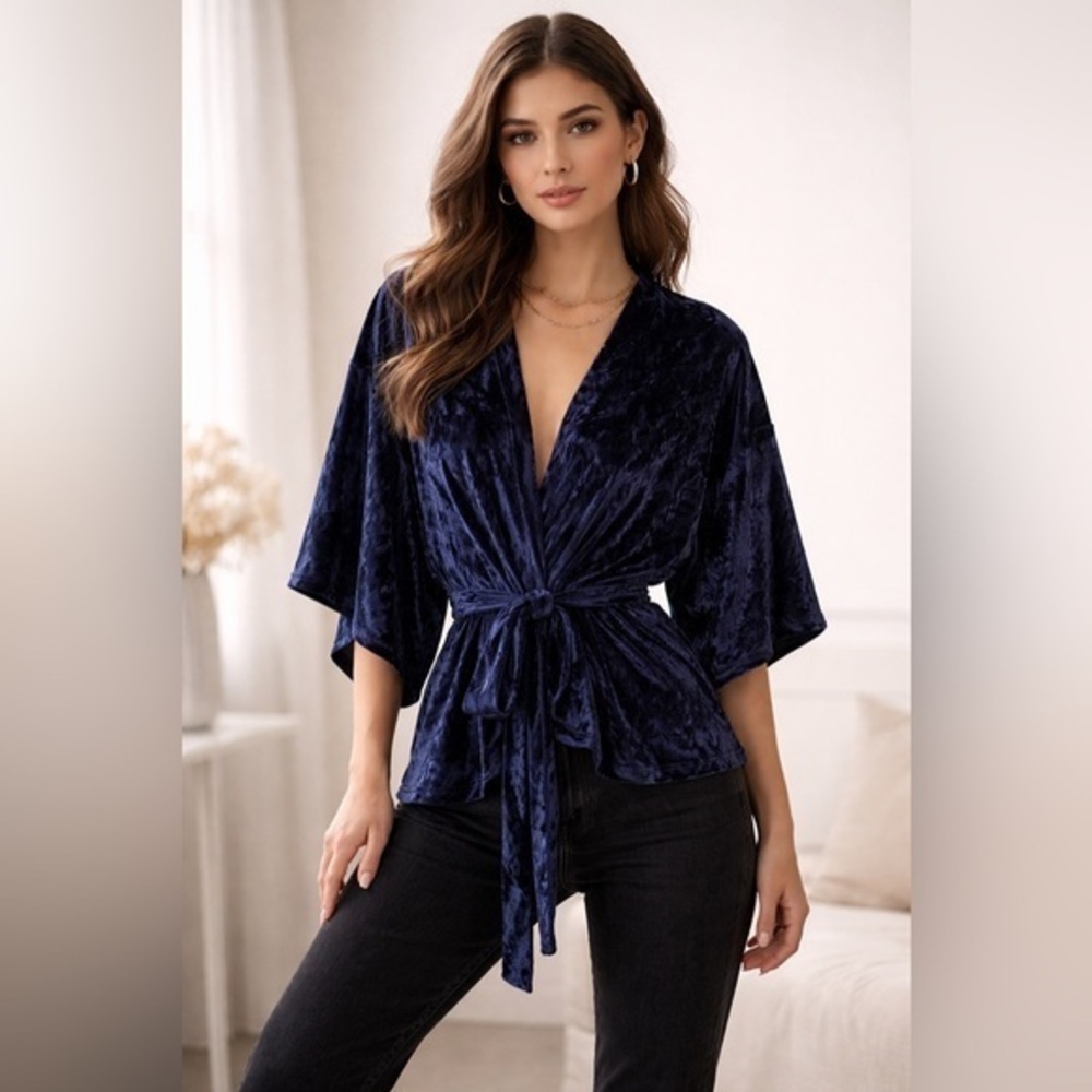 NATORI Josie Royal Blue Burnout Velour Luxury Shorty Kimono Robe with Belt